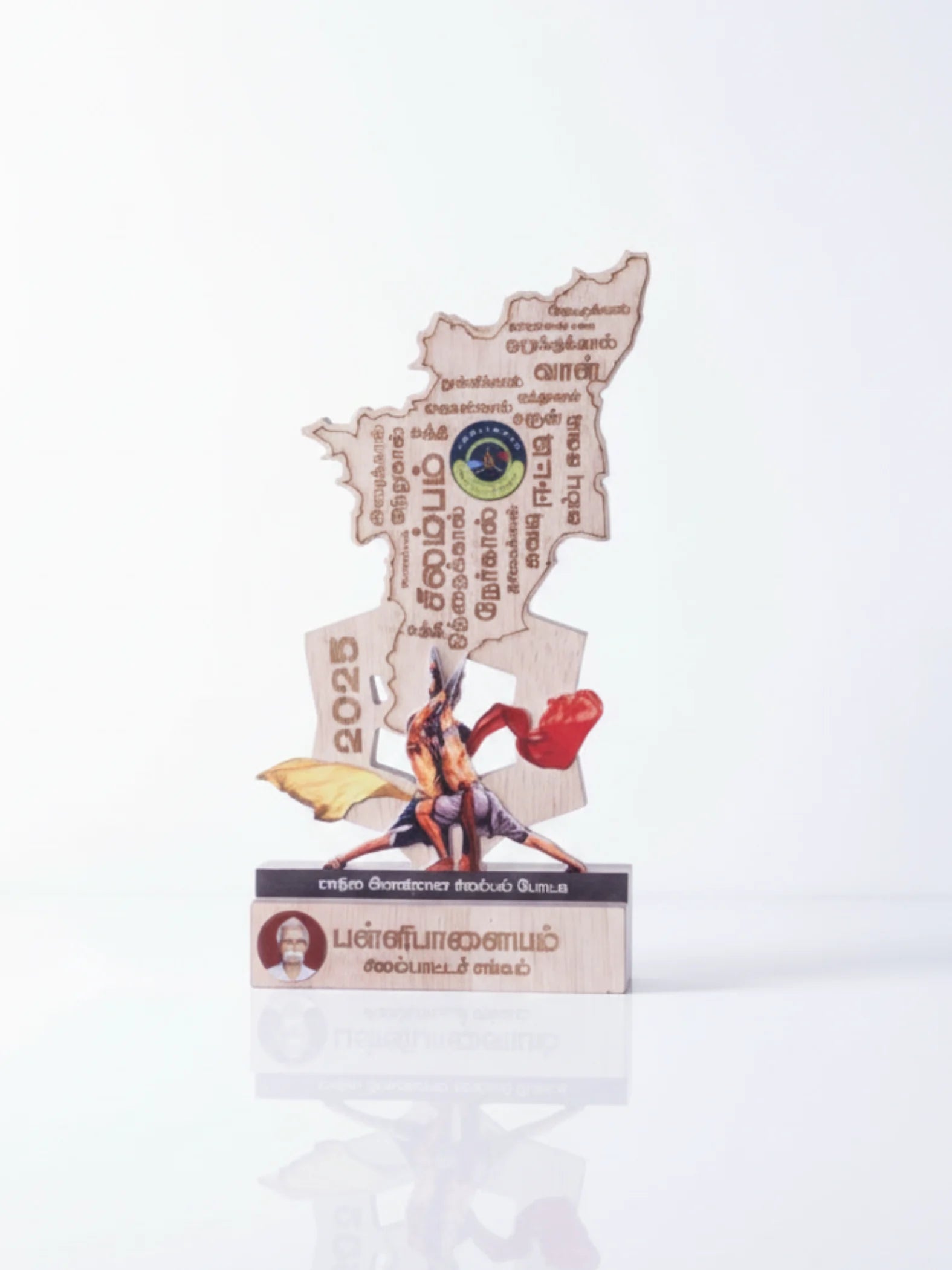 Decorative item with a map design and superhero illustration on a white background