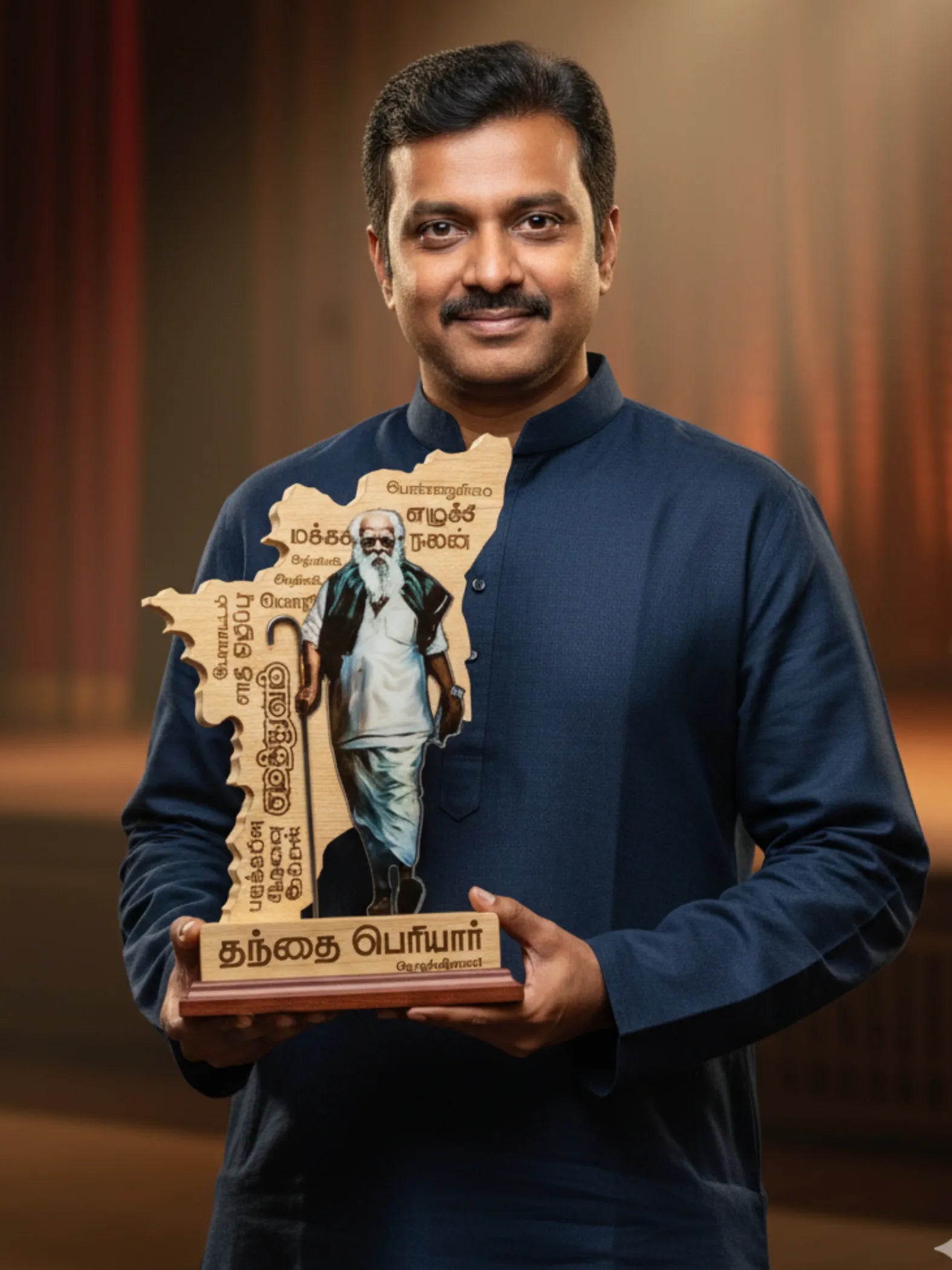 Man holding a wooden plaque with a portrait and text, against a warm-toned background