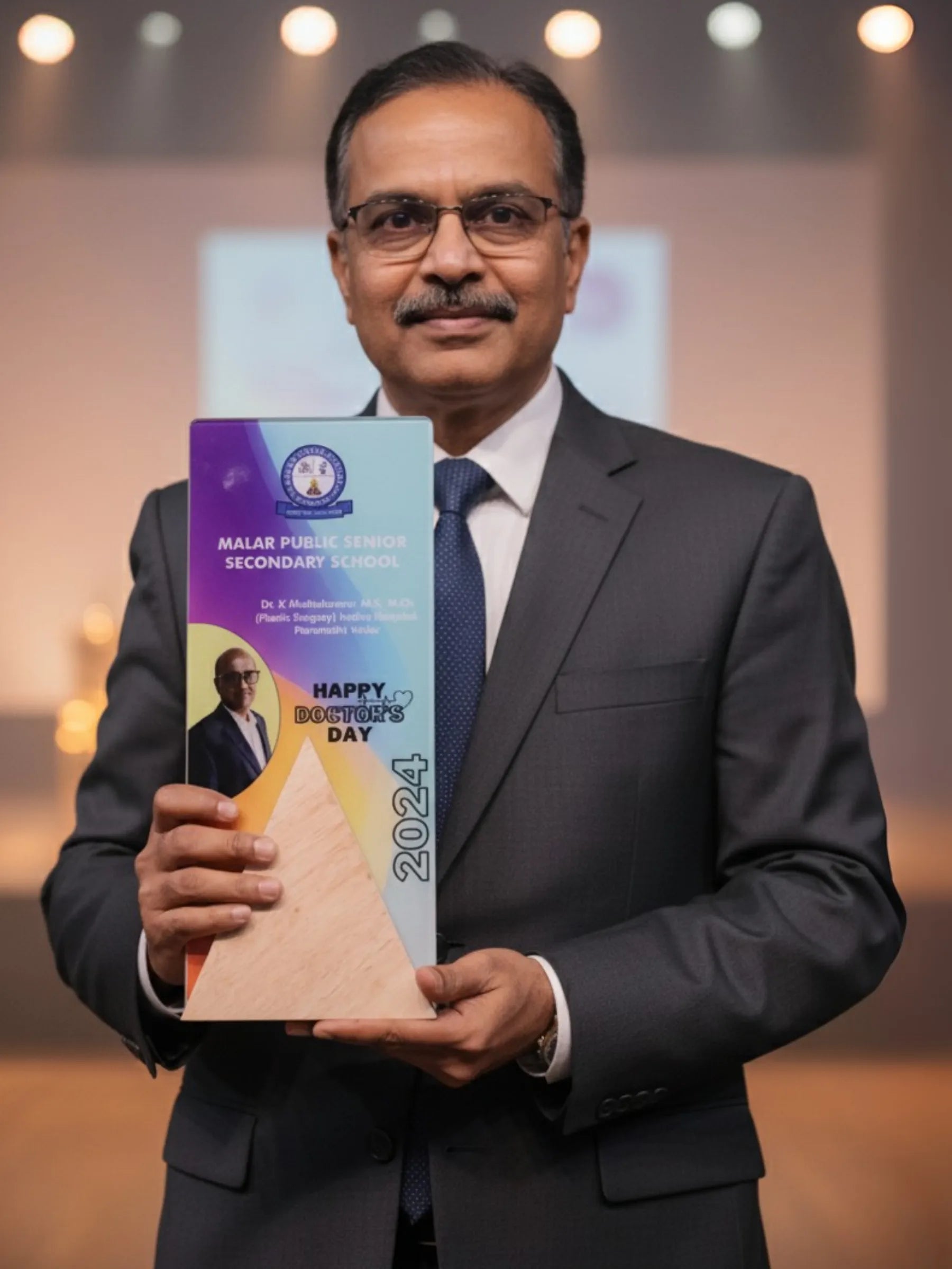 Man in a suit holding an award with 'Happy Teachers' Day 2024' text.
