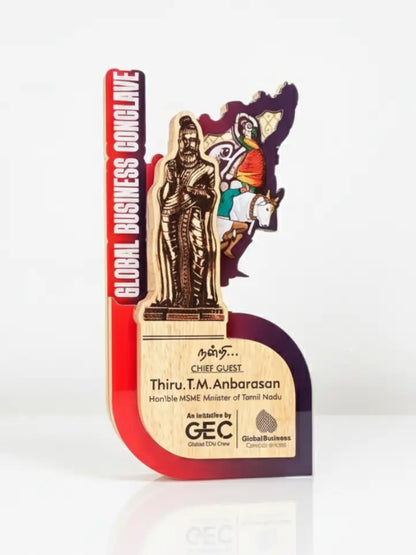 Invitation card for a Global Business Conclave with a Chief Guest, featuring a stylized illustration of a person and a map.