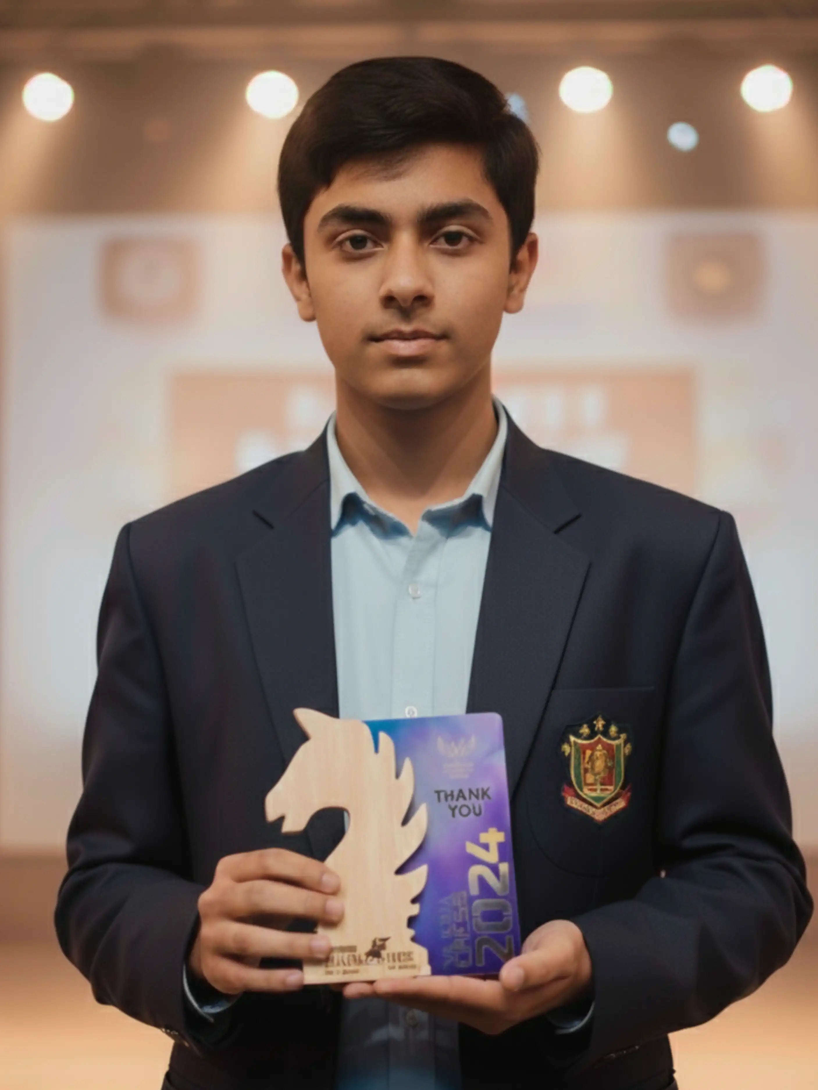 Person holding an award and a 'Thank You' card in an indoor setting