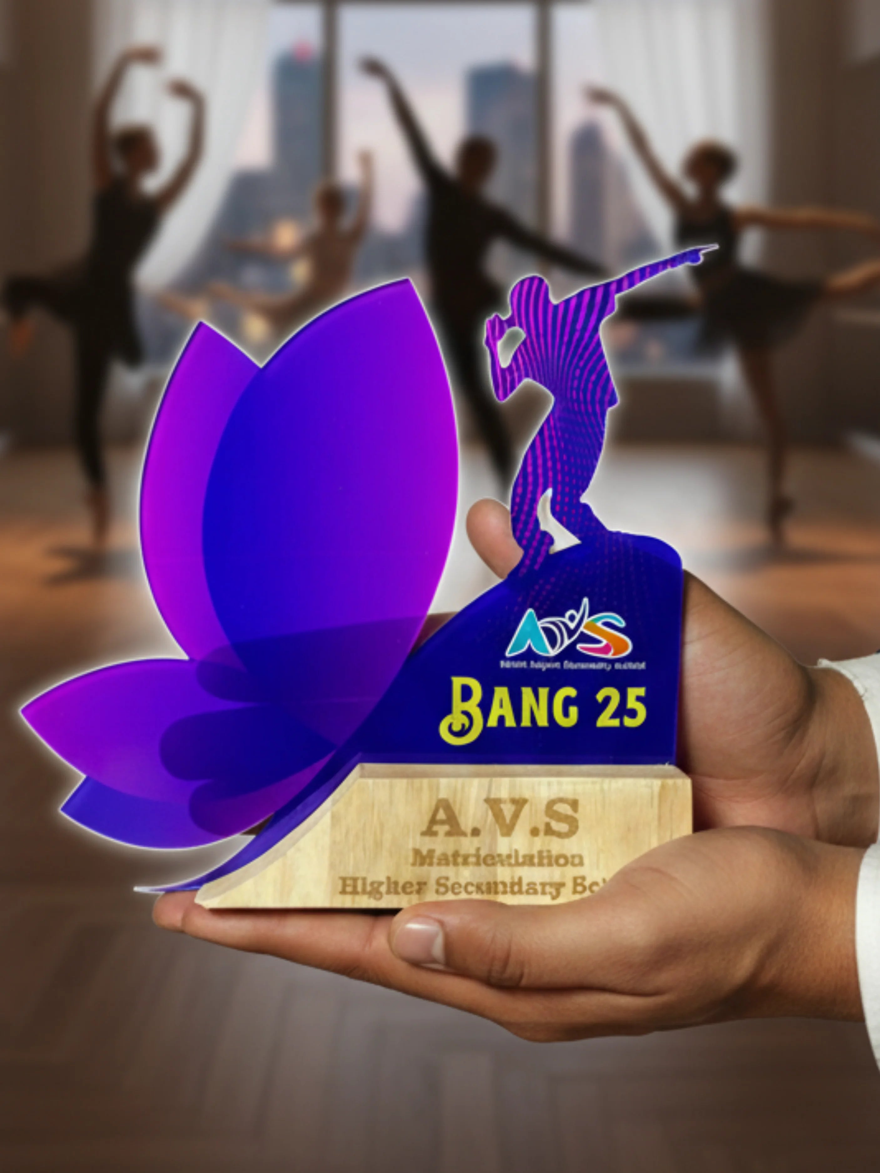A hand holding a trophy with A.V.S logo and 'Bang 25' text, blurred background of dancers.
