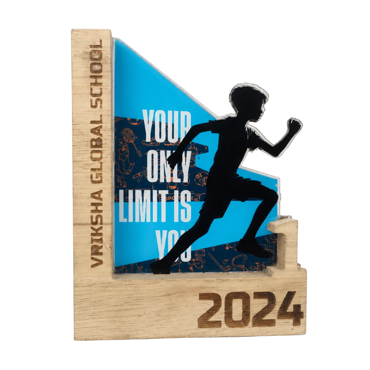 Wooden award with a running silhouette and motivational quote, featuring 'Vriksha Global School' and '2024'.