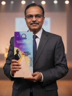 Man in a suit holding an award with a blurred background
