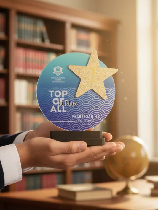 Hand holding a 'Top of the Class' award with a star in front of a bookshelf.