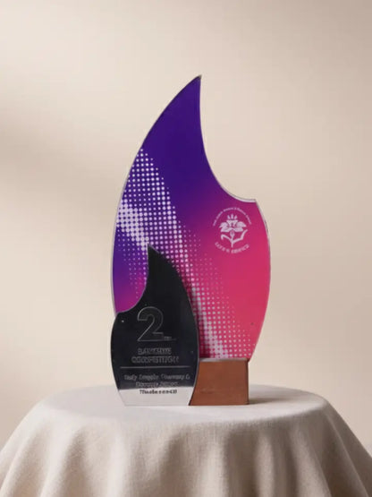Decorative award with a purple and pink flame design on a beige background