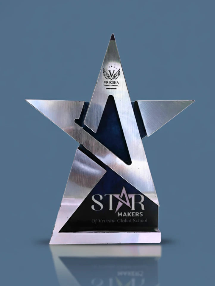 Star-shaped award with 'STAR MAKERS' and 'Vishwa Global School' branding on a blue background