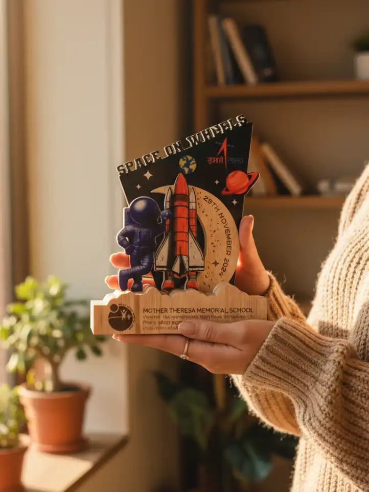 Person holding a small figurine with space-themed design in a home setting