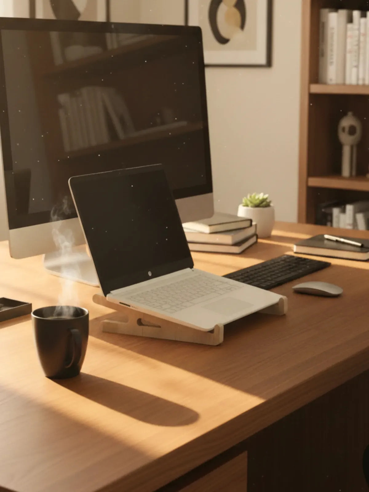 Home office setup with a laptop on a wooden stand, monitor, books, and a cup.