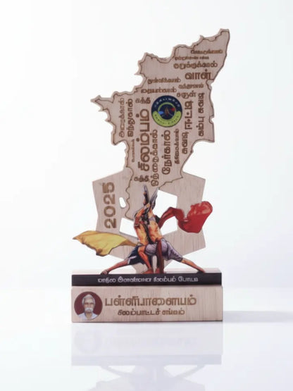 Trophy shaped like a map with a superhero figure on a white background