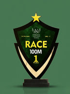 Trophy with 'RACE 100M 1 PLACE' text on a green background