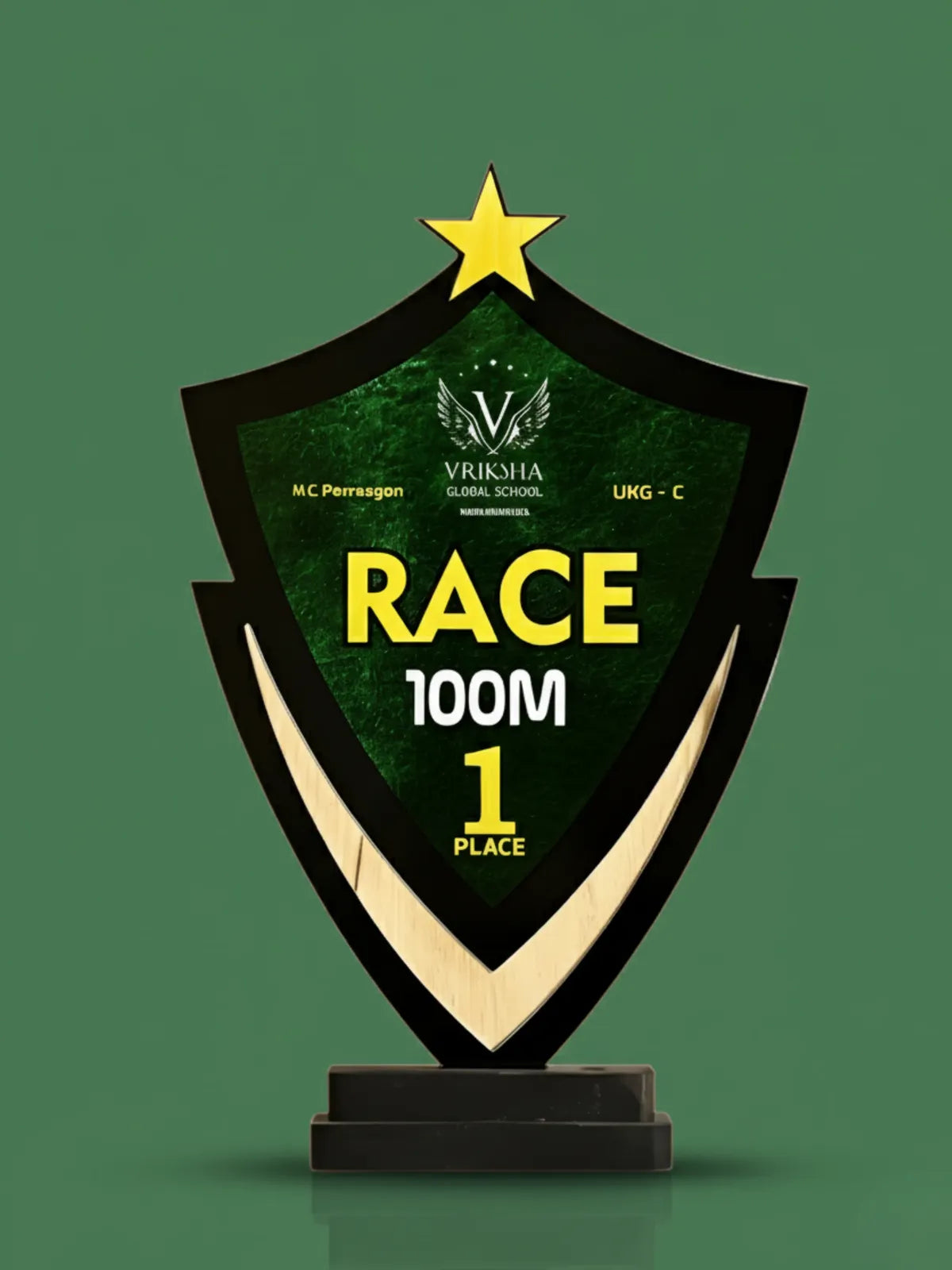 Trophy with 'RACE 100M 1 PLACE' text on a green background