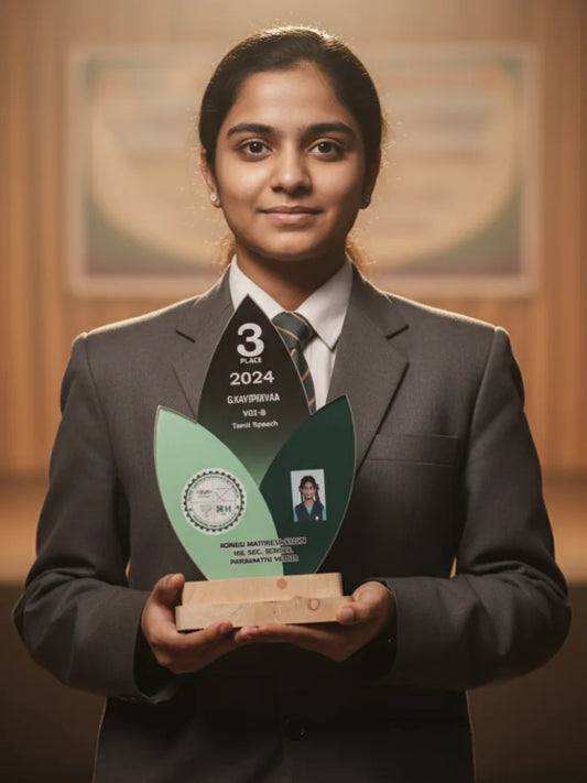 Person in formal attire holding an award with a blurred background