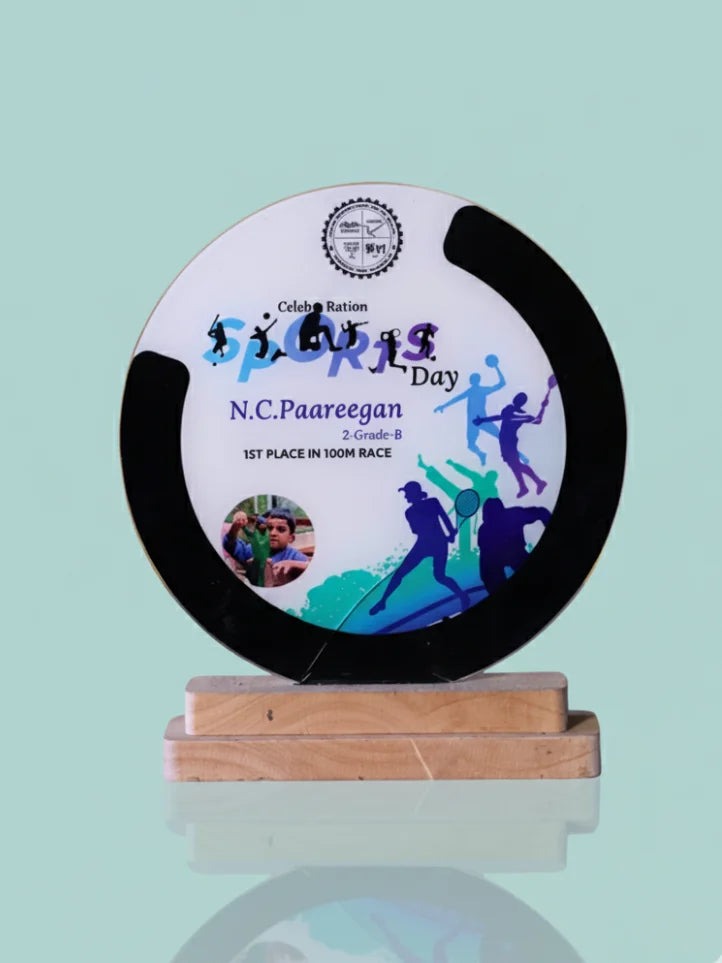 Sports day award with a circular design on a light blue background