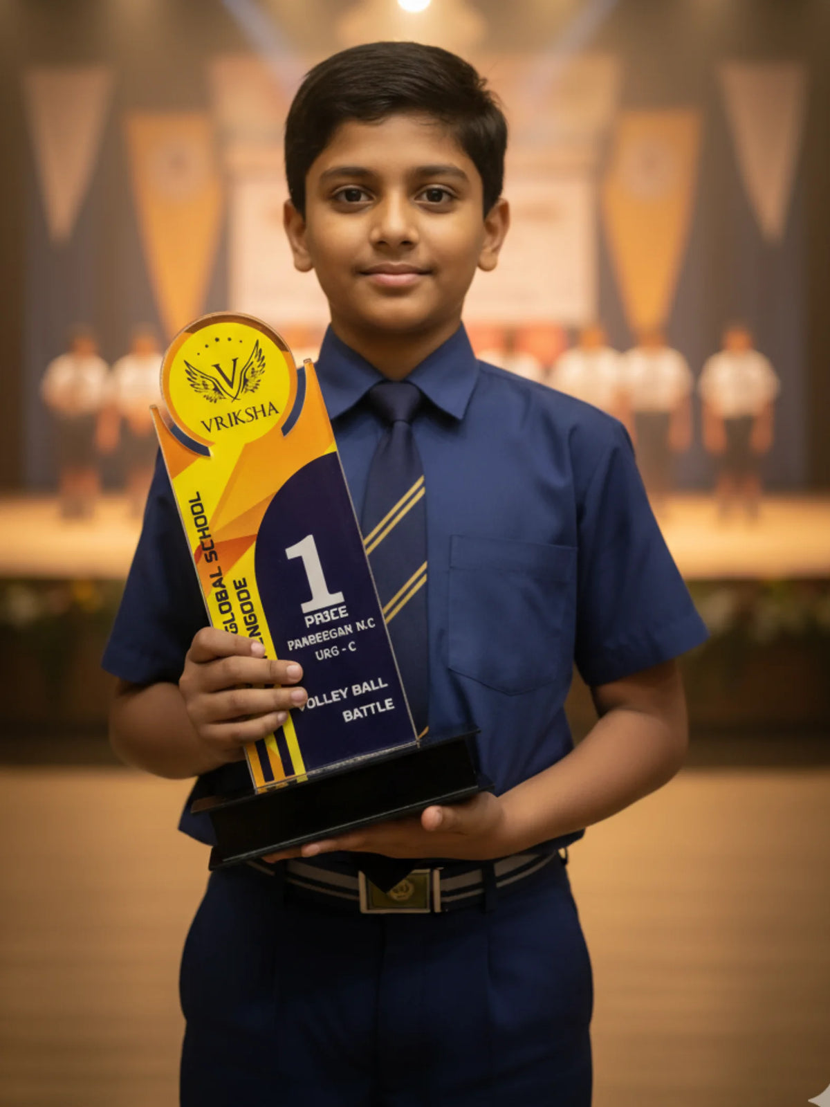 Volleyball tournament trophy displayed in sports victory award ceremony setting