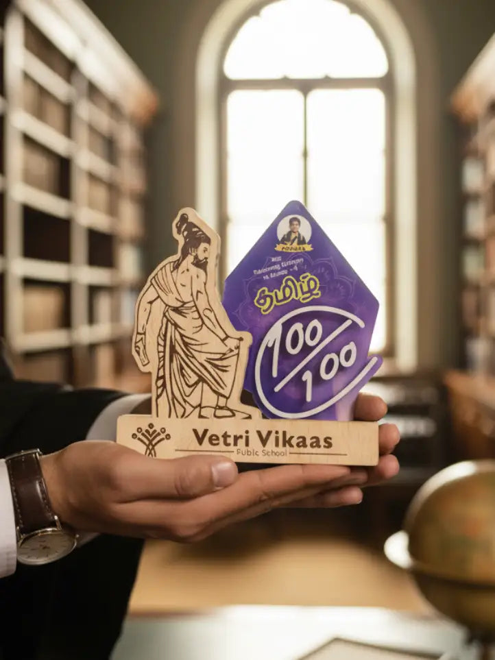 Hand holding a wooden figurine with 'Vetri Vikaas' branding in an indoor setting.