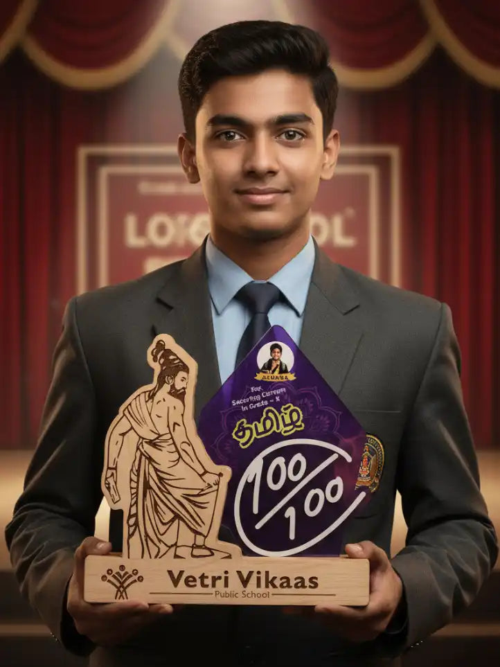 Man in a suit holding a trophy with 'Vetri Vikaas' on a stage-like background