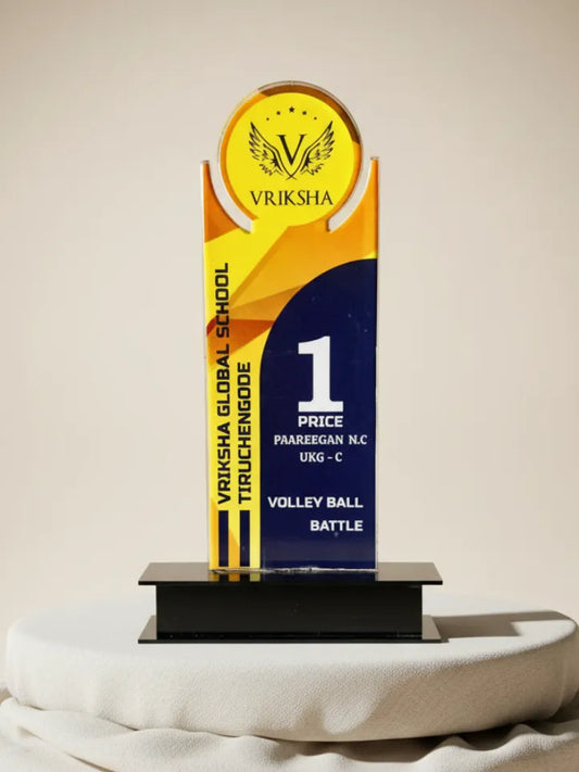 Trophy with Vriksha branding on a beige background