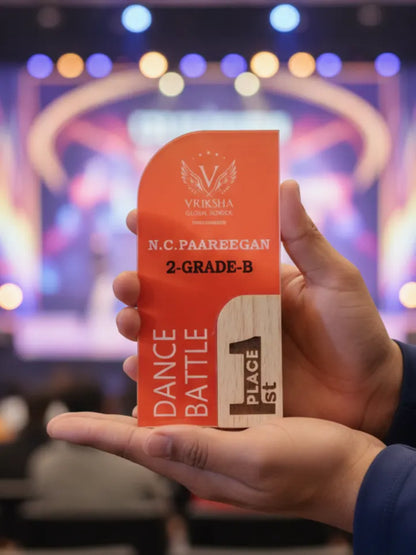 Hand holding a 'Dance Battle' award with 'N.C. Paareegan' and '2-Grade B' text, blurred event background.