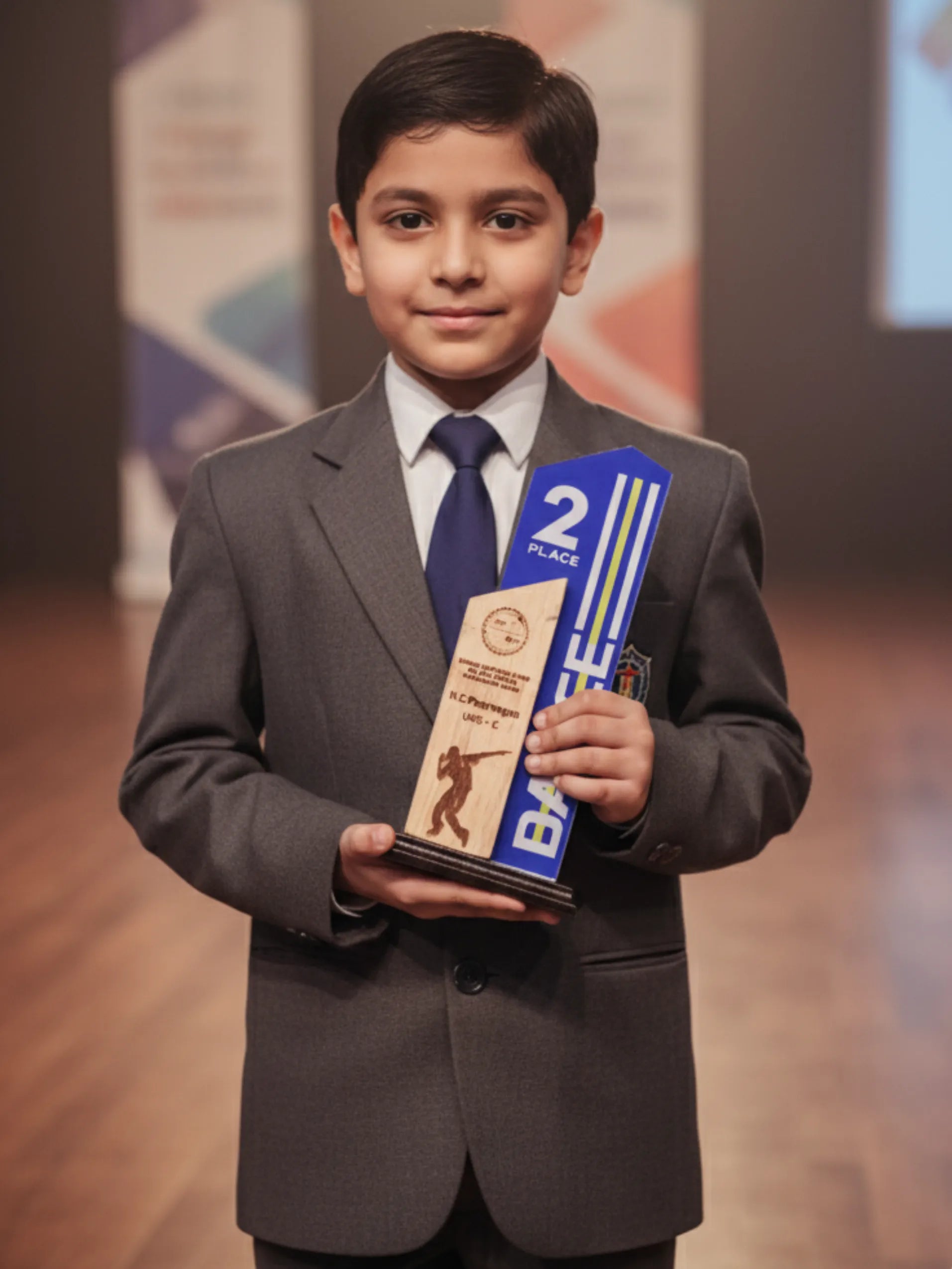 Young boy in a suit holding an award with a blurred background