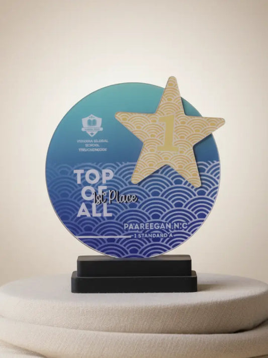 Awards trophy with a star on a blue circular base, featuring text 'Top of All' and '1st Place'.