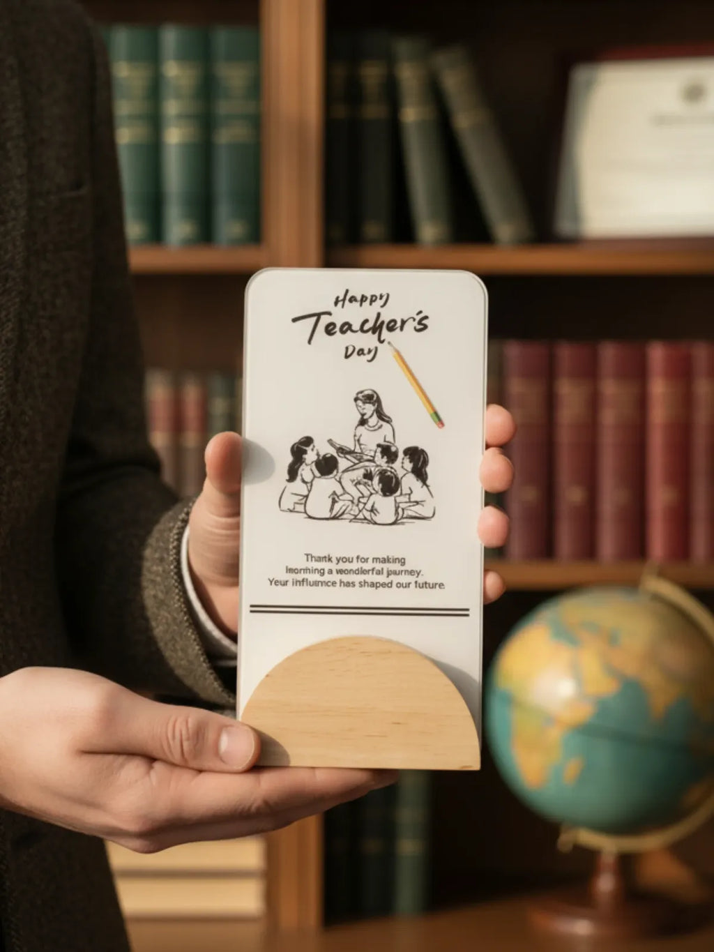 Person holding a card with a teacher's day message in front of a bookshelf.
