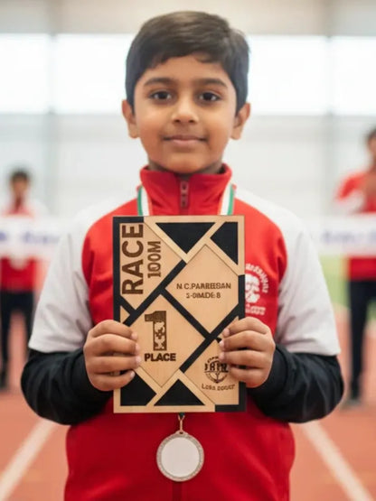 Child holding a race 100m award plaque on a track