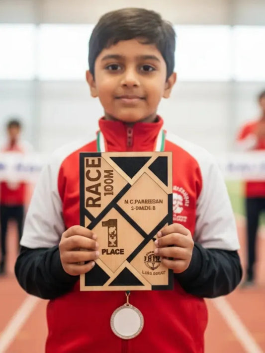Child holding a race 100m award plaque on a track