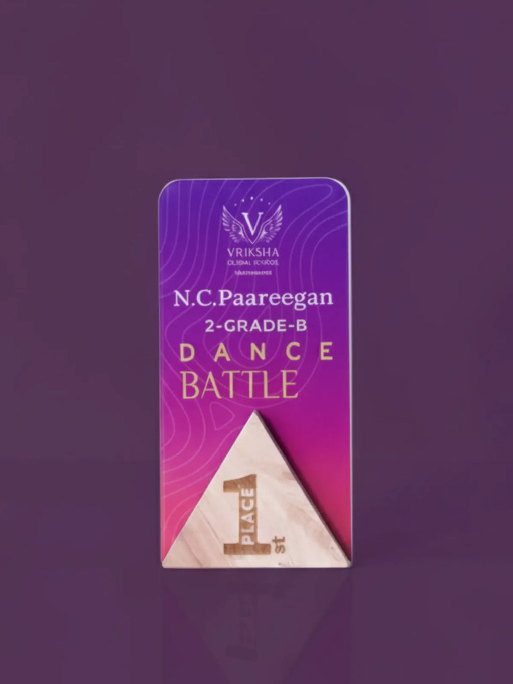 Purple and pink award plaque for N.C. Paareegan 2-Grade-B Dance Battle on a purple background