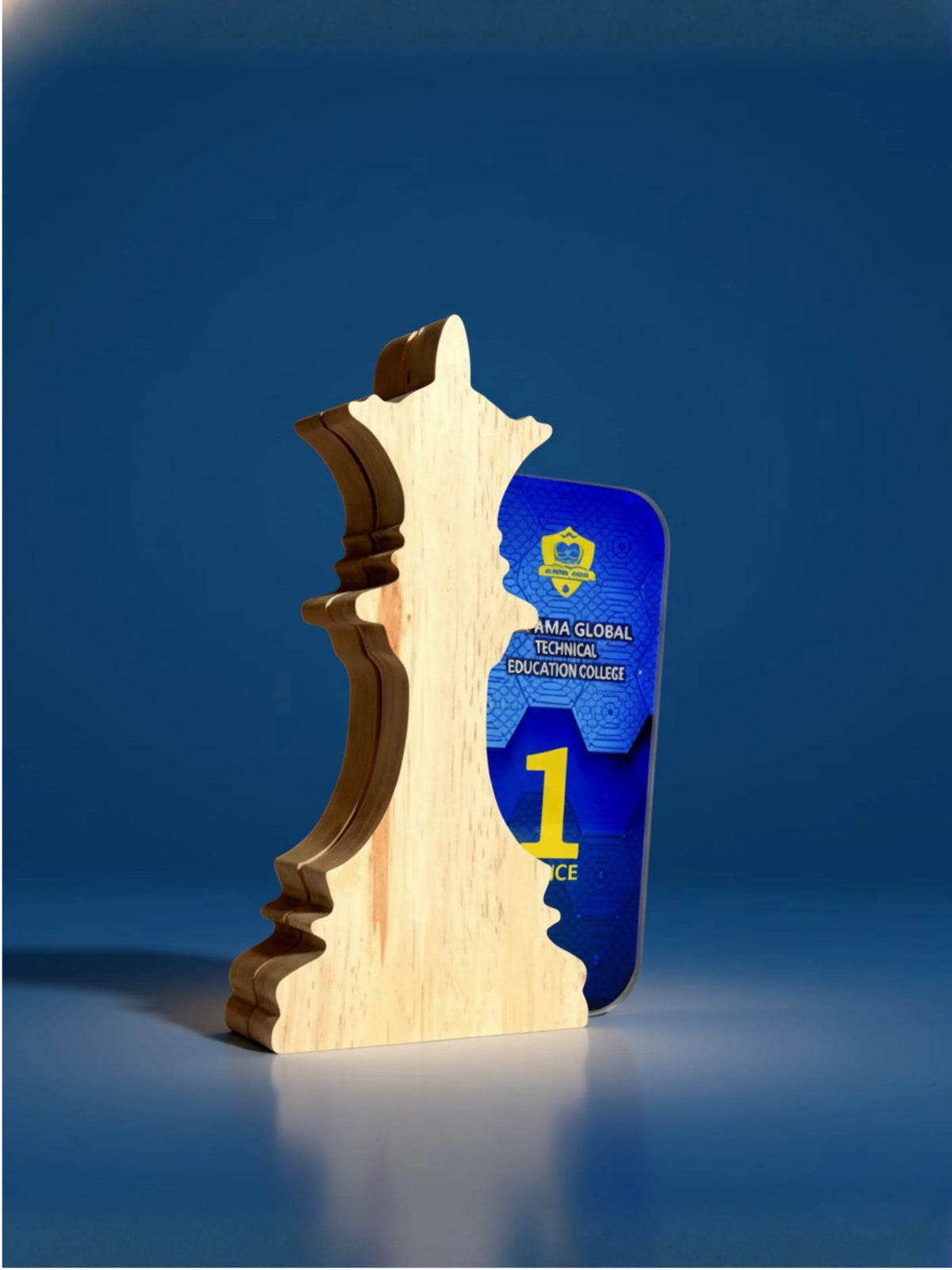 Wooden chess piece with a blue card displaying text on a blue background