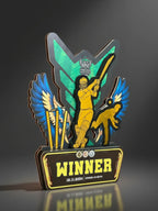 Decorative plaque with a sports theme, featuring a player and wings on a dark background