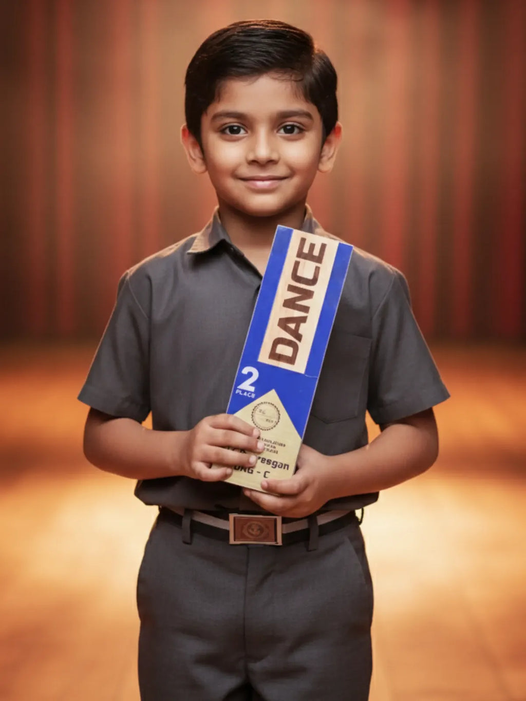 Child holding a dance certificate with a red curtain background