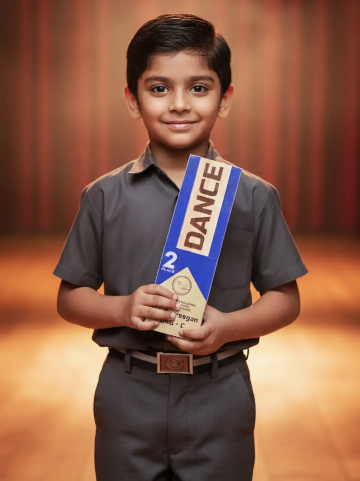 Child holding a dance certificate with a red curtain background