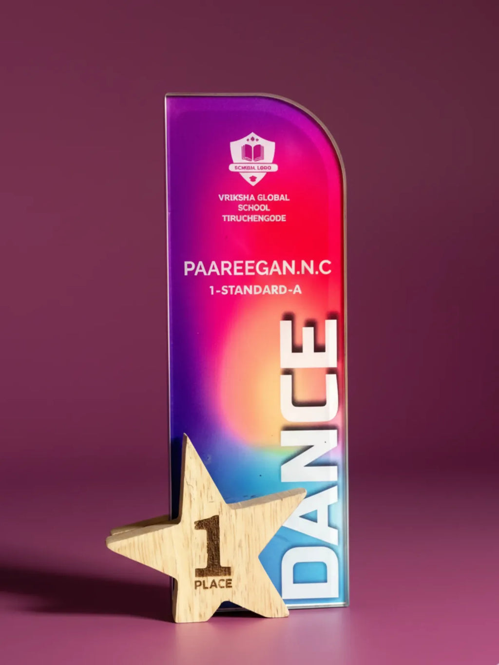 Colorful trophy with 'DANCE' and '1-Standard-A' text on a purple background