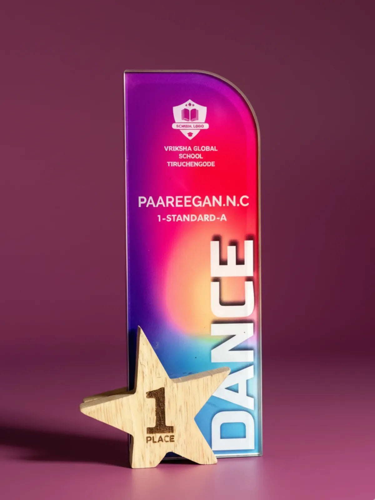Colorful trophy with 'DANCE' and '1-Standard-A' text on a purple background
