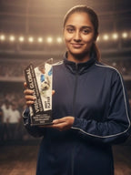 Young girl holding a dance competition award in front of a decorative background