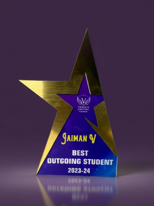Star-shaped award with 'Jaiman' and 'Best Outgoing Student 2023-24' text on a purple background