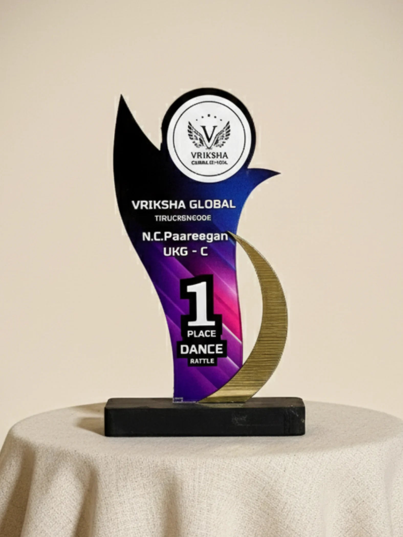 Awards trophy with 'Vriksha Global' branding on a beige background