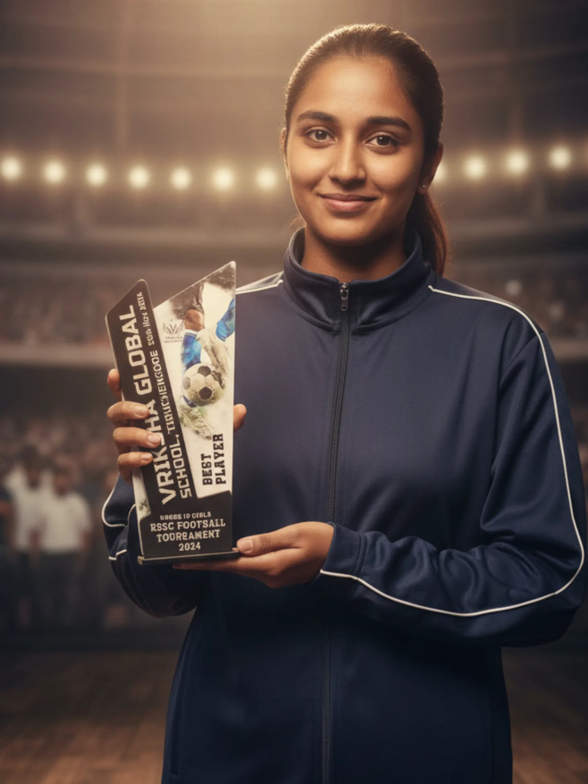 Person holding an award in a sports arena setting