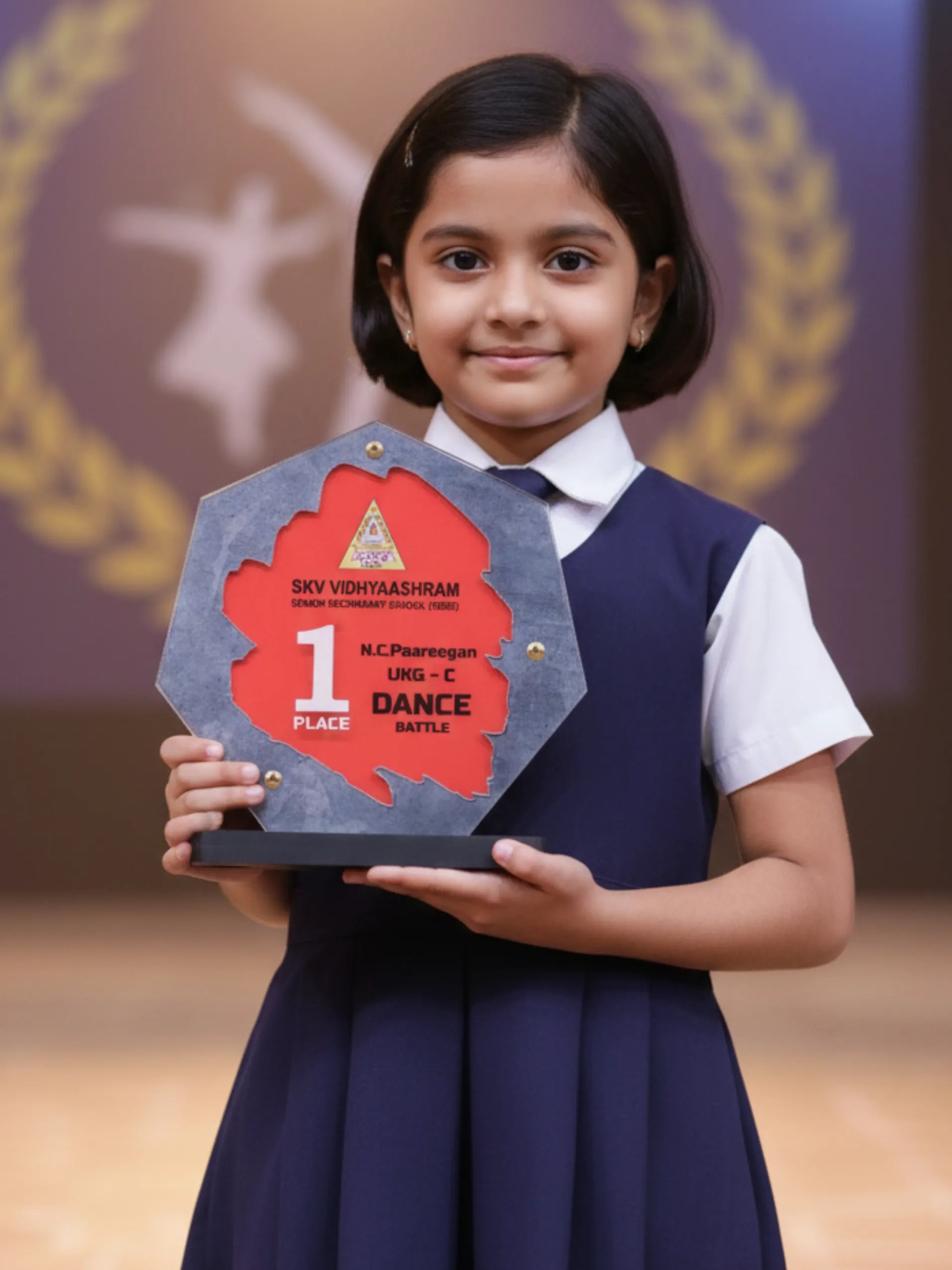 Young girl holding a dance competition award in front of a decorative background