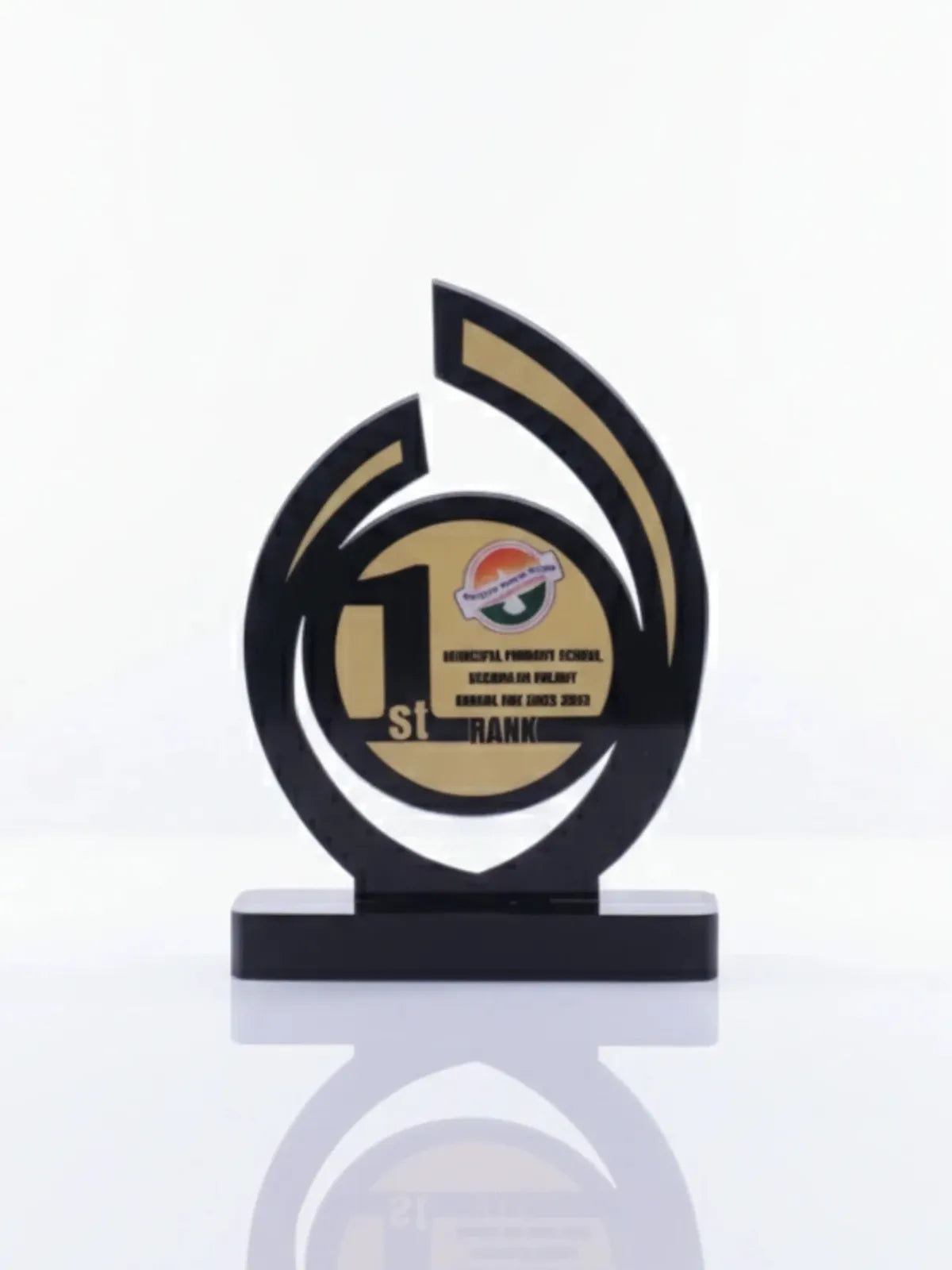 Decorative trophy with a black and gold design on a white background