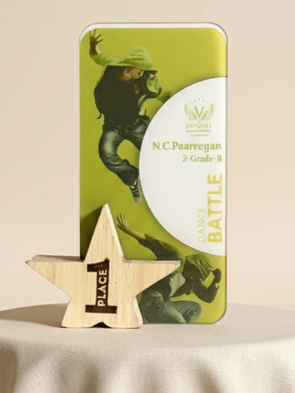 Wooden star-shaped trophy with a green and white background featuring a dance battle design.
