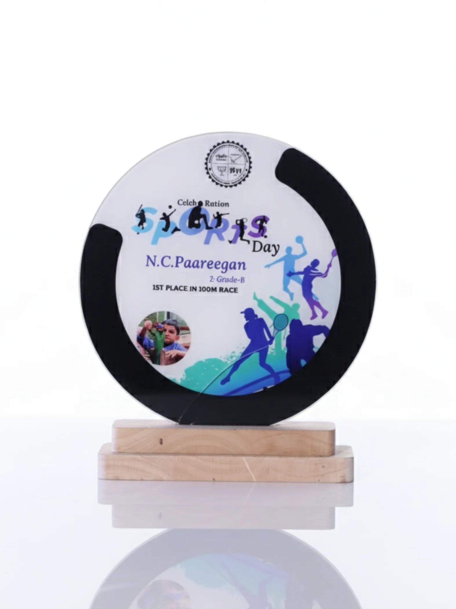 Close-up view of sports day trophy showing detailed craftsmanship and premium finish