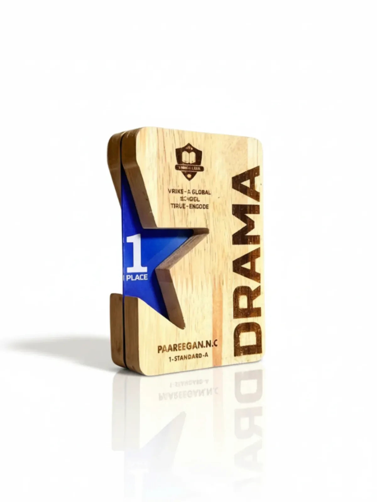 Elegant wooden trophy for dramatic excellence recognition - premium theater award with natural wood base for acting achievements