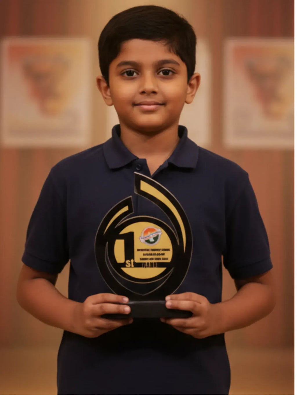 Young boy holding an award in a formal setting