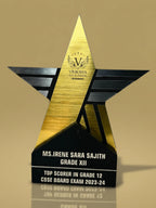 Gold star-shaped award with engraved text on a beige background