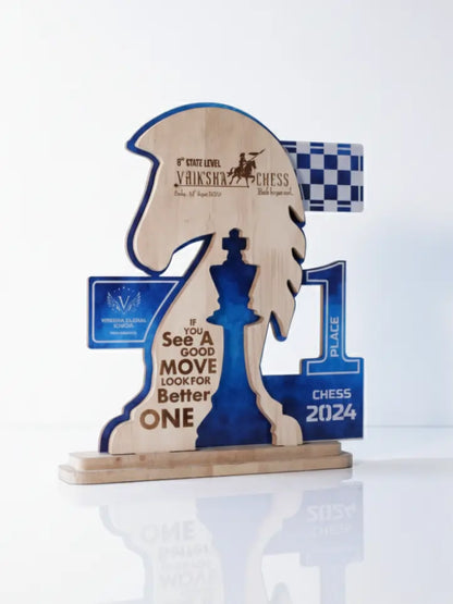 Chess-themed trophy with a horse and chess piece design on a white background