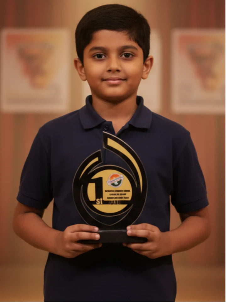 Young boy holding an award with a blurred background