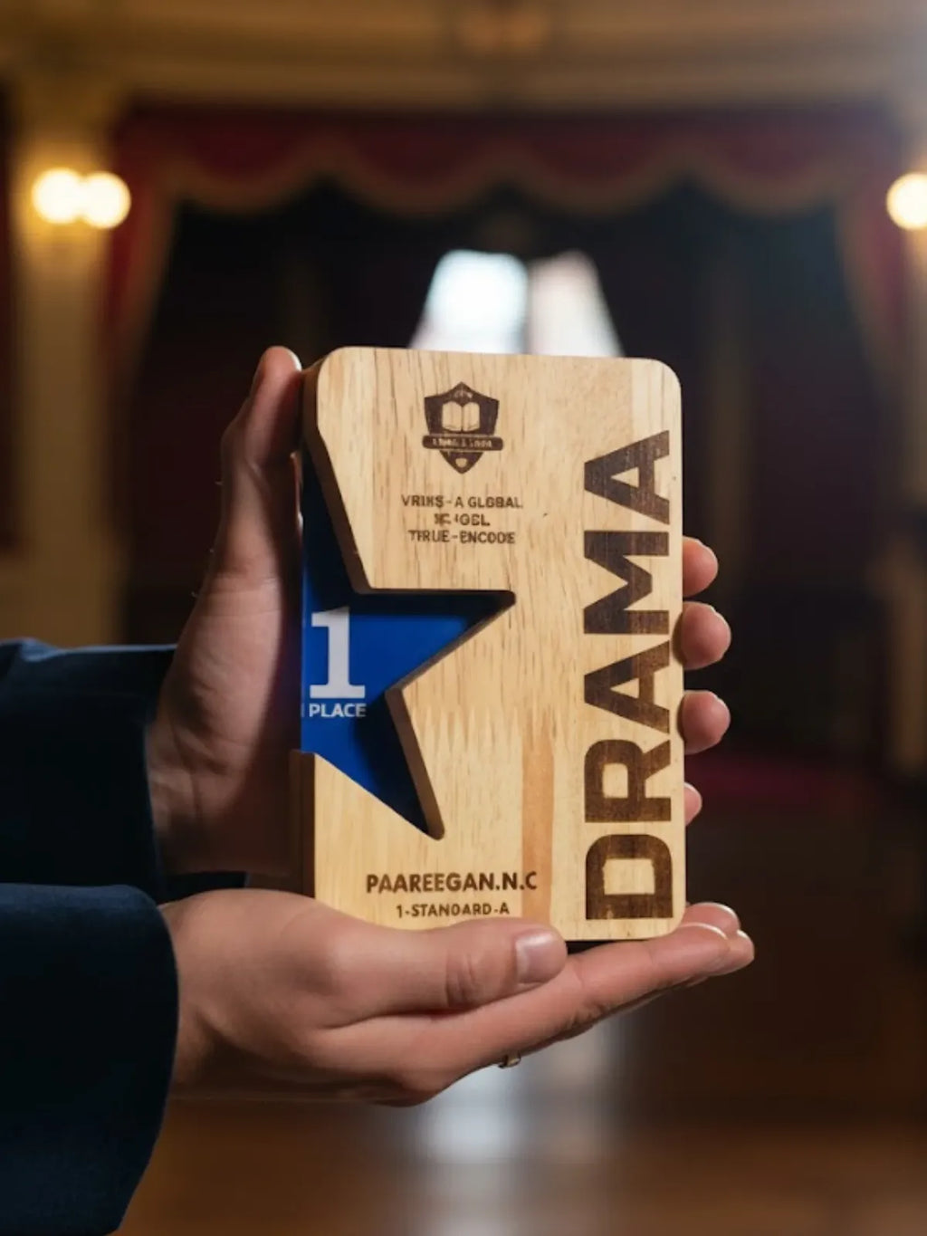 Wooden award with star design and 'Drama' text held in a hand against a blurred theater background