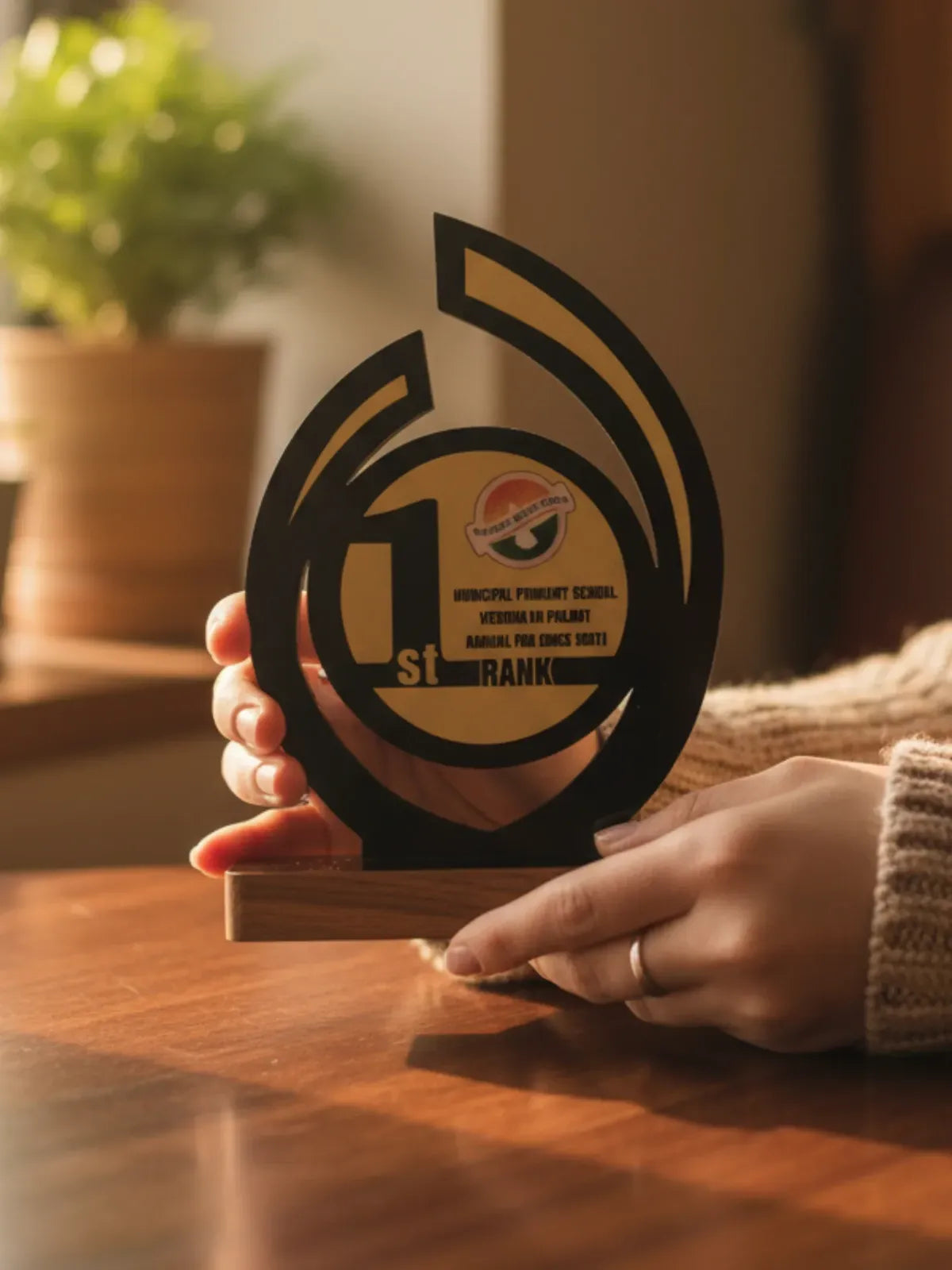 Hand holding a trophy with '1st Rank' on a wooden surface